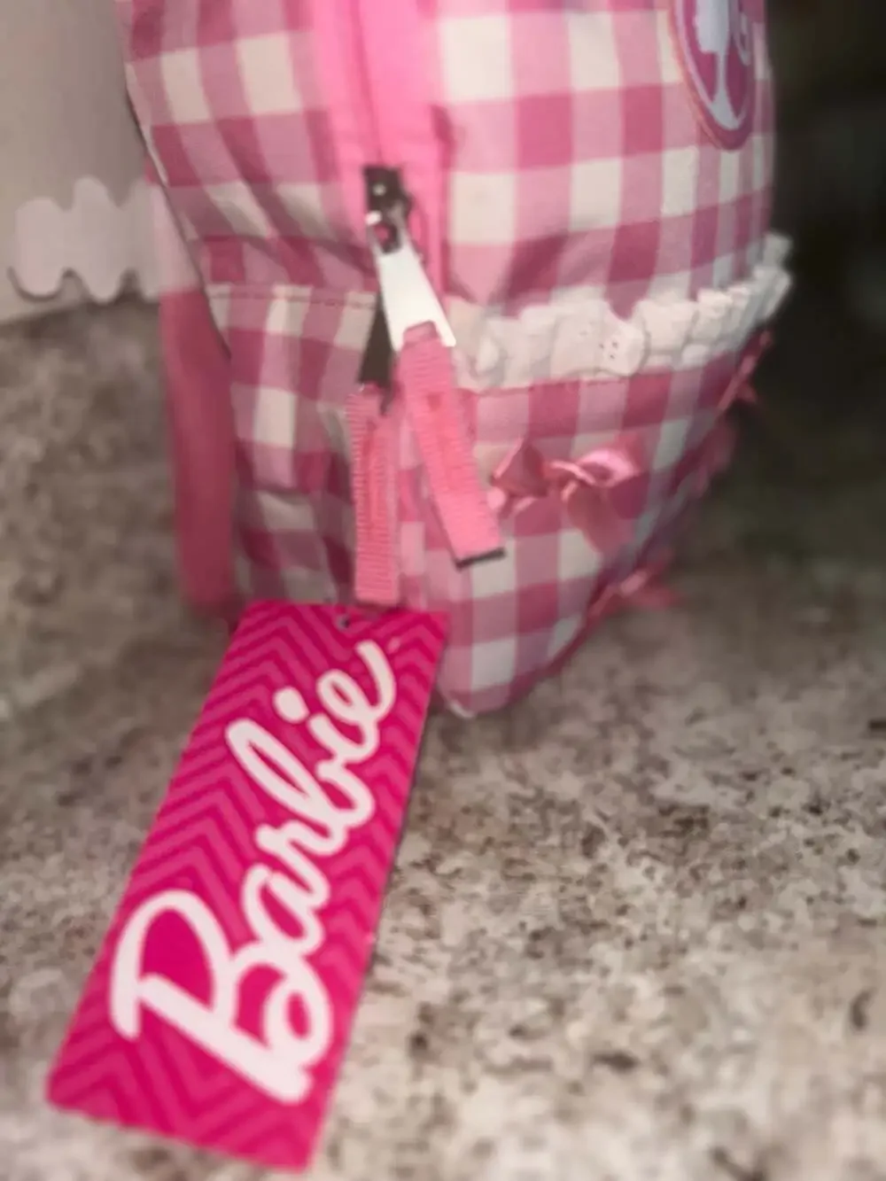 Barbie Pink Gingham Checkered Mini Backpack/lunchbox with Lace Trim and Bow